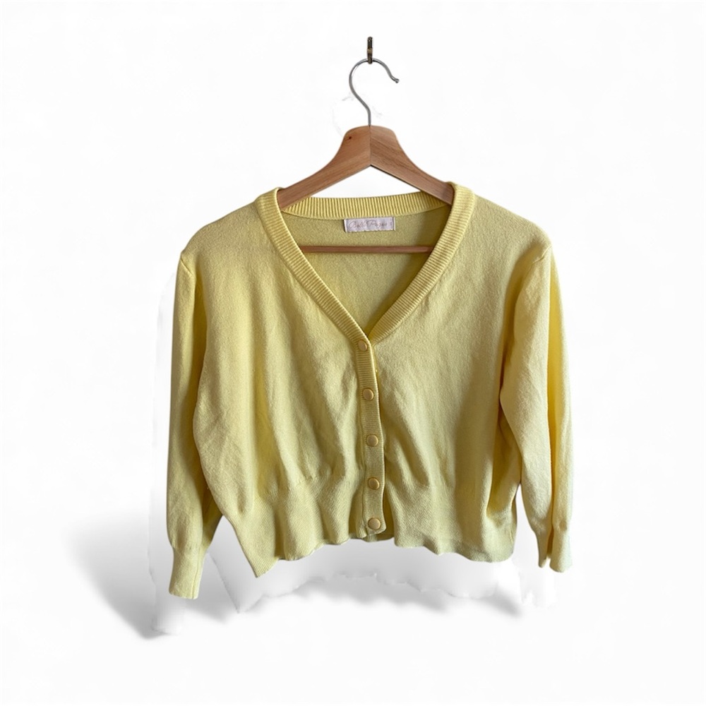 Belle Pogue Retro Cropped Cardigan Woman’s XL‎ Yellow Retro Preppy Sweater